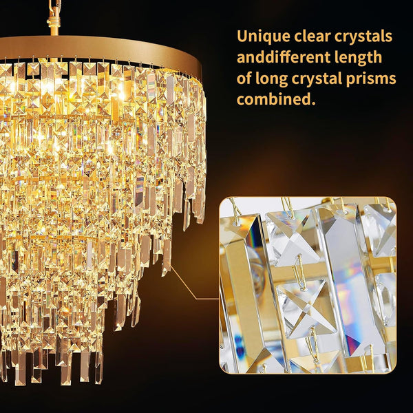 Modern Crystal Chandelier, 22.8” Gold round Chandeliers for Dining Room Light Fixture, 4 Tiers 9 Lights Luxury Crystal Pendant Chandelier for Entryway Foyer Living Room Bedroom Kitchen Staircase7