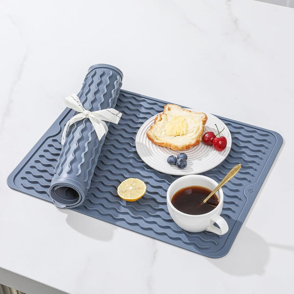2 Pack Silicone Dish Drying Mat for Kitchen Counter Multiple Usage for Placemats Shower Caddy Organizer Sink Protector Office Coffee Bar Accessories Crafts Pioneer Woman Stuff 15"X11.5" Blue2