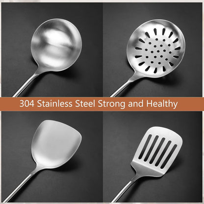 304 Stainless Steel Kitchen Utensils Set, 4 Pcs Long Cooking Utensils Set with Wooden Handle, Large Heat Resistant Kitchen Tools(Dishwasher Safe)4