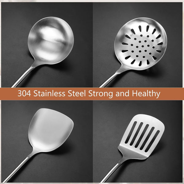 304 Stainless Steel Kitchen Utensils Set, 4 Pcs Long Cooking Utensils Set with Wooden Handle, Large Heat Resistant Kitchen Tools(Dishwasher Safe)4
