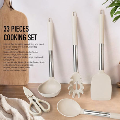 Kitchen Utensils Set-Silicone Cooking Utensils-33Pcs Non-Stick Silicone Cooking Kitchen Utensils Spatula Set with Holder-Best Kitchen Cookware with Stainless Steel Handle (Khaki)4