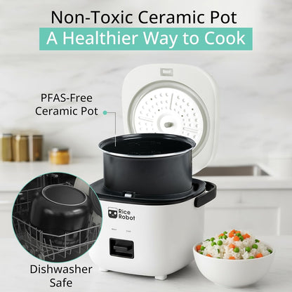 Rice Robot Personal Rice Cooker, Pfas-Free, Nonstick. 1 Quart Capacity, with Stainless Steel Steamer Tray, Measuring Cups, Recipe Book with 60 Recipes, and Serving Spoon, as Seen on TV2