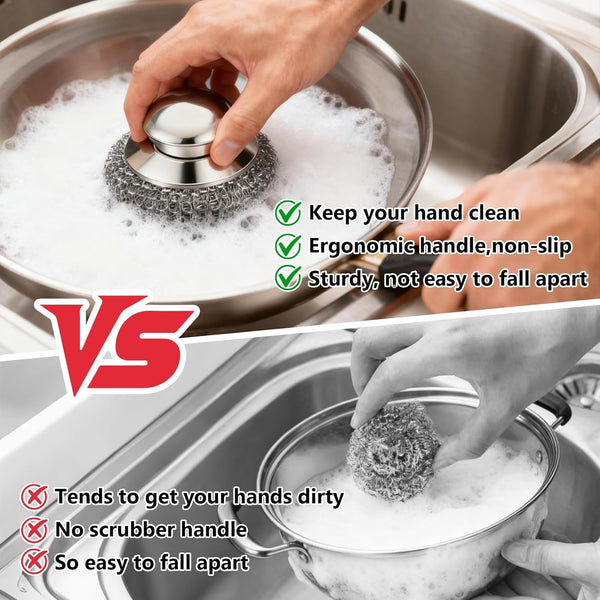 Steel Wool Scrubber, 4-Pack Stainless Steel Scrubber Pads with Handle - the Ultimate Scouring Solution for Rust, Stubborn Messes on Cookware, Grill, Oven & Kitchen Sinks3