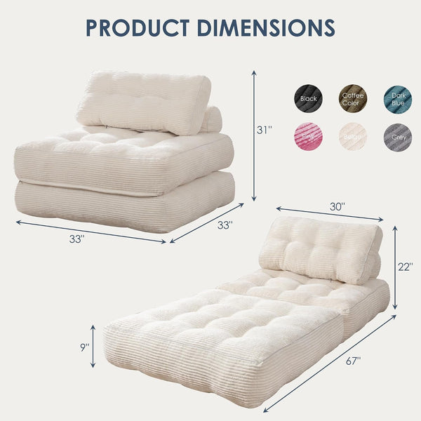 Folding Sofa Bed,Convertible Sleeper Chair for Adults, Folding Sofa Bed Foam Filling Couch with Pillow，Sleeper Chairs Single Size Floor Mattress,White2