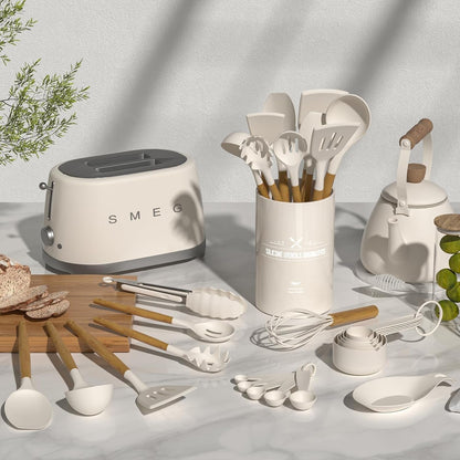 Kitchen Cooking Utensils Set, 33 Pcs Non-Stick Silicone Cooking Kitchen Utensils Spatula Set with Holder, Wooden Handle Silicone Kitchen Gadgets Utensil Set (Khaki)2