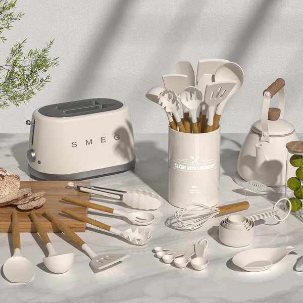 Kitchen Cooking Utensils Set, 33 Pcs Non-Stick Silicone Cooking Kitchen Utensils Spatula Set with Holder, Wooden Handle Silicone Kitchen Gadgets Utensil Set (Khaki)2
