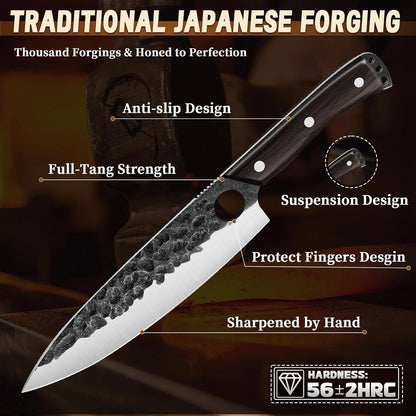 7 PCS Japanese Chef Knife Set with Roll Bag, Gifts for Men | Hand Forged Butcher Knife Set with Sharpening Rod and Poultry Shears for BBQ Camping Kitchen, Gifts for Men Women5