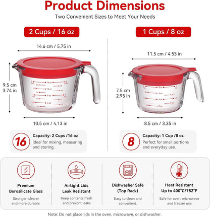 2 Pack Borosilicate Glass Measuring Cups with Lid, 1 & 2 Cup Heat Resistant Liquid Measuring Cups, Oven Microwave Freezer Dishwasher Safe for Baking Cooking Food Prep3