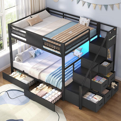 Bunk Bed Full over Full with Stairs, Storage Drawers and LED Lights1