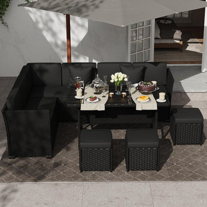 7 Piece Patio Furniture Set, Outdoor PE Wicker Rattan Outdoor Dining Set, Patio Table and Chairs Set, Patio Conversation Sofa Set with Dining Table and Ottoman(Black-Black)6