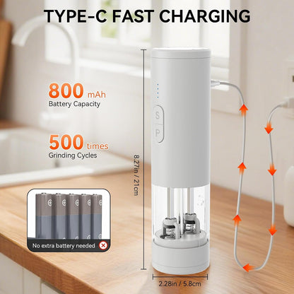 2 in 1 Electric Salt and Pepper Grinder Set, USB Rechargeable, Automatic Salt and Pepper Mill Shakers with Battery Display, LED Light, Adjustable Coarseness(White)5