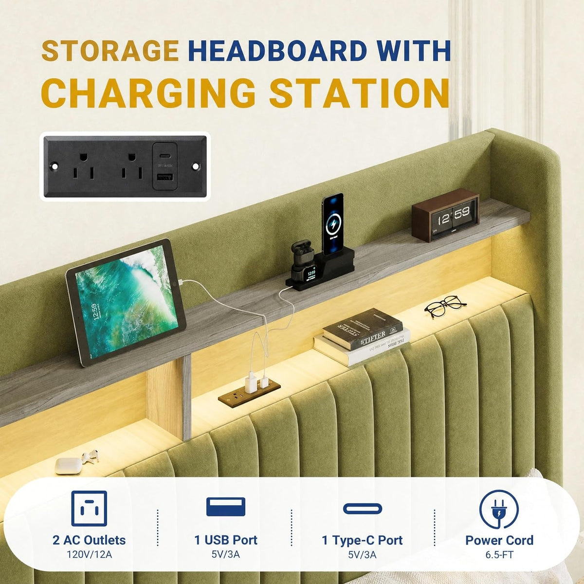 queen-upholstered-platform-bed-frame-with-3-spacious-storage-drawers-built-in-led-lights-charging-station-vertical-tufted-headboard-with-shelf-no-box-spring-needed-velvet-green