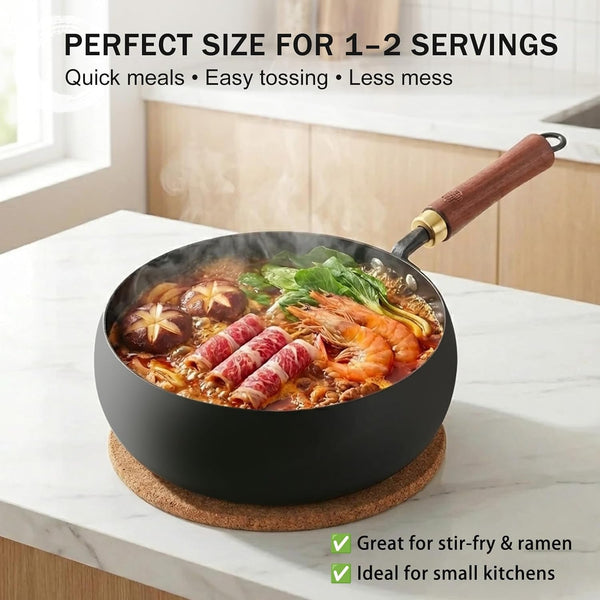 Carbon Steel Wok Pan Flat Bottom Iron Stir Fry Pan Induction Cookware 9.5 Inch Uncoated Small Traditional Skillet with Lid4