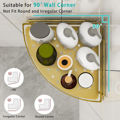 Corner Shower Shelves, 2-Tier Gold Shower Candy with 4 Hooks, Stainless Steel Bathroom Shower Organizers, Wall Mounted Caddy Shelves No Drilling with Adhesive, Triangle Storage Shelf for Toilet5