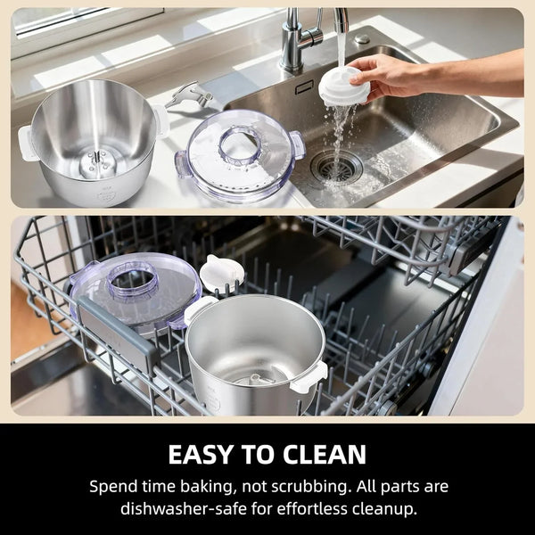 Stainless steel kitchen appliance parts being washed in a sink and cleaned in a dishwasher.8