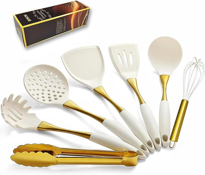 Elegant White Gold Silicone Cooking Utensils Set - Non-Toxic, Dishwasher Safe Kitchen Utensils Set with Heat Resistant Comfort Handles - Includes Spatula & Spoon for Nonstick Cookware1