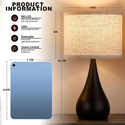 18.1'' Modern Touch Black Table Lamp Set of 2 with 3 Way Dimmable | Small Lamp for Living Room, Bedside Lamps for Bedroom, Office, Night Stands, Heavy Iron Base, Touch Switch, Bulbs Included3