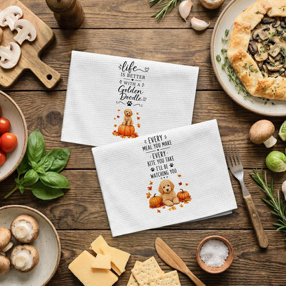 Fall Goldendoodle Pumpkin Kitchen Tea Dish Towels, Farmhouse Autumn Seasonal Dog Pumpkin Dish Towels for Kitchen, Goldendoodle Gifts Hand Towel for Bathroom 16X24In Set of 26