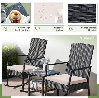 3 Pieces Patio Furniture Set Outdoor Wicker Rocking Chairs,Beige7