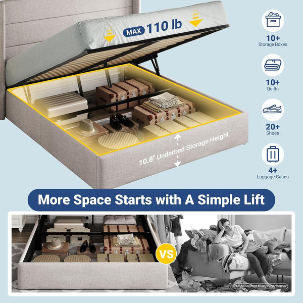 Full Size Lift up Hydraulic Storage Bed Frame Light Beige3