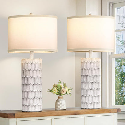 26" Modern Farmhouse Table Lamps for Living Room Set of 2, Rustic Antique Bedside Lamps for Bedroom Nightstand, Grey-White Resin Traditional Table Lamps with White Fabric Shade, Bulbs Included1