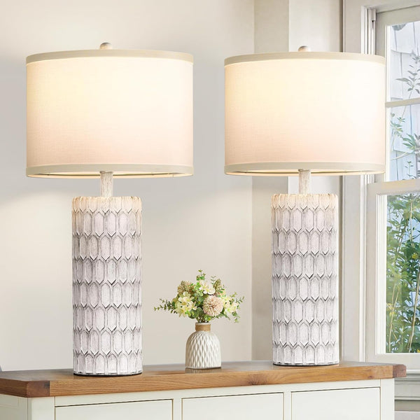 26" Modern Farmhouse Table Lamps for Living Room Set of 2, Rustic Antique Bedside Lamps for Bedroom Nightstand, Grey-White Resin Traditional Table Lamps with White Fabric Shade, Bulbs Included1