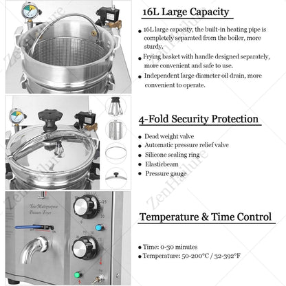 16L Commercial Electric Pressure Fryer,Stainless Steel Countertop Chicken Fryer with Safety Lock,Oil Drain Thermostat Control for Restaurant and Food Truck Use8