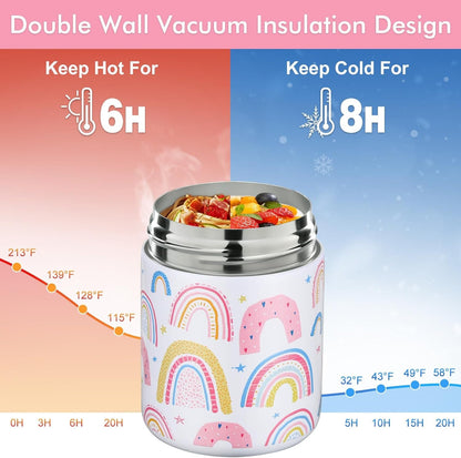 12Oz Soup Thermo for Hot Food Kids Insulated Food Jar Wide Mouth Lunch Container Leak Proof Stainless Steel Vacuum Bento Box for School Office Travel Outdoors White-Rainbow4