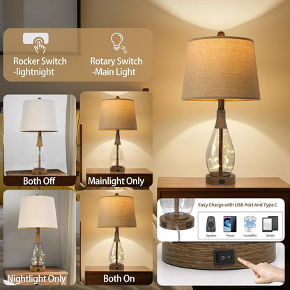 2 in 1 Bedside Table Lamps Set of 2, Farmhouse Glass Lamp, Wood-Like | Bedroom Lamps for Nightstands, Top Light & Night Light, Built-In USB with Bulb, Boho Rattan Design for Nursery, Hallway2