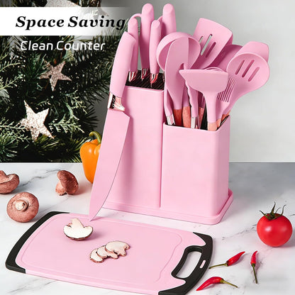 19 Piece Kitchen Utensil Set with Knife Set & Holder, Silicone Cooking Utensil Set with Wooden Handle, Heat Resistant Kitchen Tools Set for Nonstick Cookware Pink6