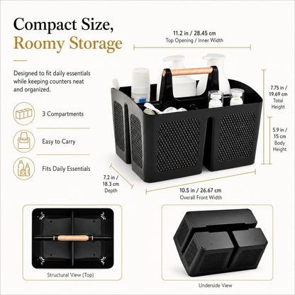 Plastic Shower Caddy with Wooden Handle, Portable 3-Compartment Bathroom Organizer Basket with Drainage Holes, Quick Dry Shower Basket for Dorm, College, Cleaning Supplies2
