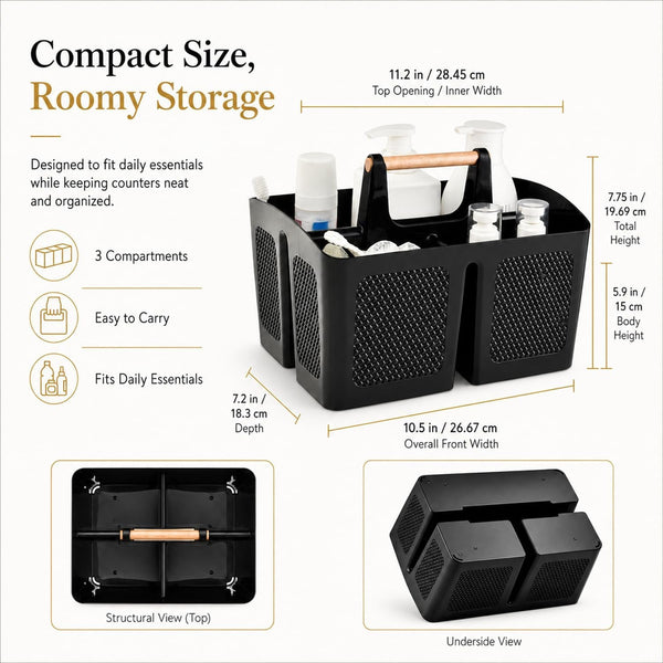 Plastic Shower Caddy with Wooden Handle, Portable 3-Compartment Bathroom Organizer Basket with Drainage Holes, Quick Dry Shower Basket for Dorm, College, Cleaning Supplies2