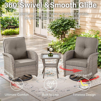 5 Piece Swivel Rocker Glider Outdoor Chairs Set of 2 with Ottoman and Glass Side Table Patio Bistro Furniture Set, Comfort High Back Wicker Patio Conversation Set for Deck Porch Sunroom3