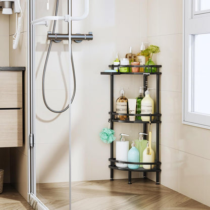 Standing Corner Shower Caddy - 3 Tier Shower Organizer Corner with Soap Holder and 4 Hooks, Rustproof Bathroom Storage Shelves with Adhesives, Black6