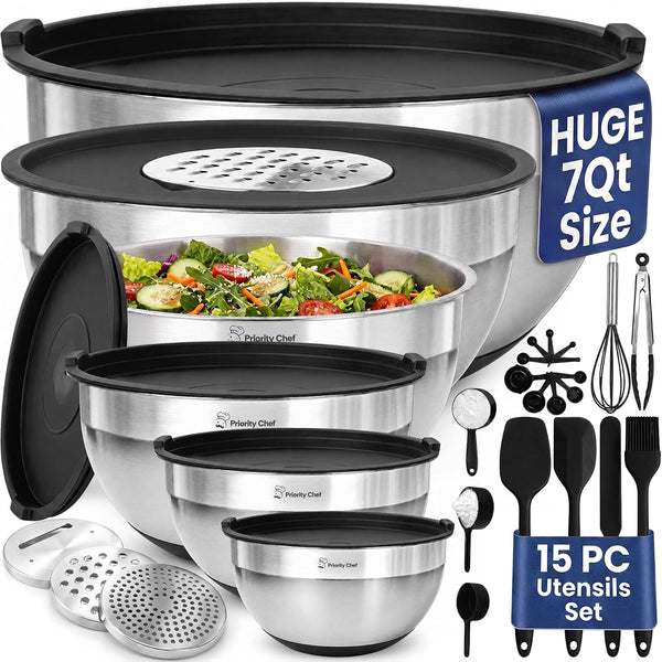 6Pc Stainless Steel Mixing Bowls with Lids Set, Huge 7 Qrt Size Metal Bowl Set for Kitchen, 3 Graters, Non-Slip Bases & Silicone Utensils Set, Black1