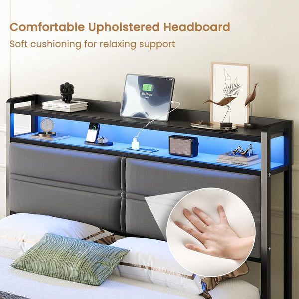 Full Bed Frame with LED Lights and Charging Station, Dark Grey4