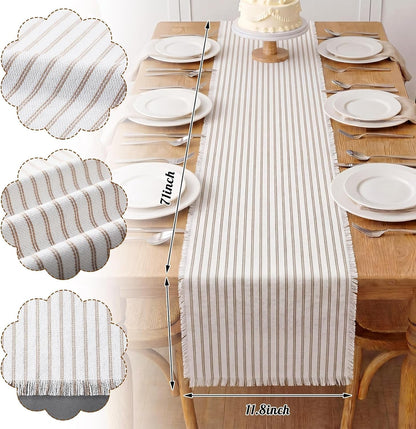Striped Table Runner 71X12 Inch Brown Cotton Linen Fringe2