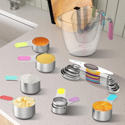 Measuring Cups and Spoons Set for Cooking & Baking, 5 Stainless Steel Magnetic Measuring Cups, 3 Plastic Measuring Cup, 7 Magnetic Measuring Spoons, 1 Leveler, 1 Measuring Conversion Chart6