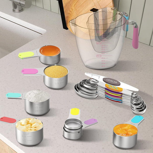 Measuring Cups and Spoons Set for Cooking & Baking, 5 Stainless Steel Magnetic Measuring Cups, 3 Plastic Measuring Cup, 7 Magnetic Measuring Spoons, 1 Leveler, 1 Measuring Conversion Chart6