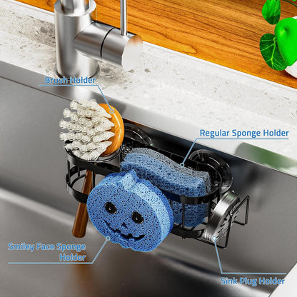 Sponge Holder Smiley Face, Sink Caddy for Kitchen Sink, Kitchen Organizer Sponge Holder with 2 PCS Suction Cups and Adhesive Strips, Designed for Sponge, Soap, Dish Brush, Scrubber-Black4