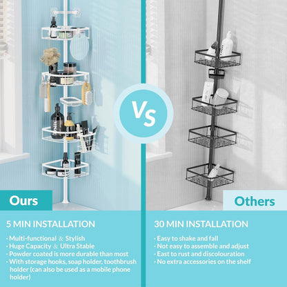 Shower Caddy Tension Pole, 4-Tier Adjustable Corner Shower Standing Caddy, Rustproof Shower Rack for Bathroom Bathtub, with 4 Shelves, No Drilling Shower Shelf for inside Shower (White)4