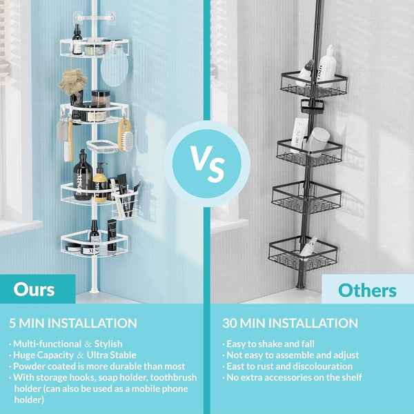 Shower Caddy Tension Pole, 4-Tier Adjustable Corner Shower Standing Caddy, Rustproof Shower Rack for Bathroom Bathtub, with 4 Shelves, No Drilling Shower Shelf for inside Shower (White)4
