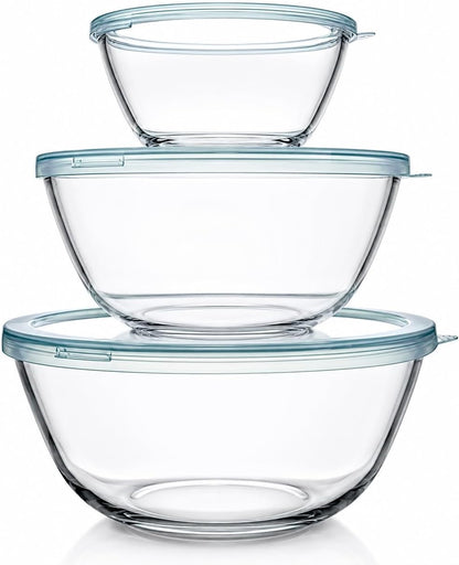 Glass Mixing Bowls with Lids Set(4.5Qt, 2.7QT, 1.1Qt)-Large Glass Mixing Bowls, Clear Salad Bowl for Baking, Cooking, Serving, Food Prep, 3PC Nesting Bowls for Kitchen Storage & Dishwasher Safe1