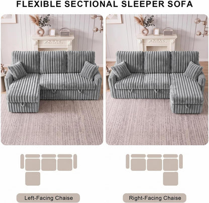 81" Sectional Sleeper Sofa Bed with Storage Chaise & USB Charging, Plush Corduroy L-Shaped Pull Out Couch Bed, Modular Sectional Sofa Couches for Living Room Bedroom, Light Grey6