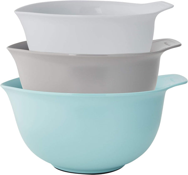 Kitchenaid Universal Nesting Plastic Mixing Bowls, Set of 3, 2.5 Quart, 3.5 Quart, 4.5 Quart, Non Slip Base with Easy Pour Spout to Reduce Mess, Dishwasher Safe, Aqua Sky, White, Gray2