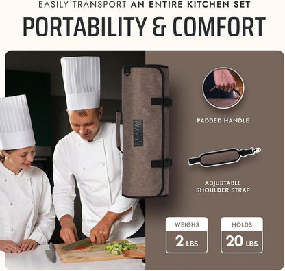 Waxed Nylon Chef Knife Roll Bag with 20 Slots and Zippered Pockets - Professional Chef Knife Bag & Storage Case, Tool Carrier with Shoulder Strap - Knives Not Included (Brown)5