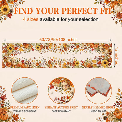 Fall Table Runner 13×108 in with Fall Decor Pumpkin, Sunflower&Leaf7