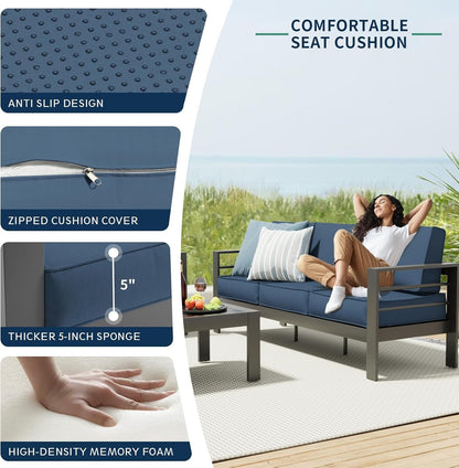 Aluminum Patio Furniture, 8 Pieces Metal Outdoor Furniture Set, Modern Patio Sofa Sets Outdoor Sectional for Pool, Garden, Dark Grey&Blue (Included Waterproof Covers)3