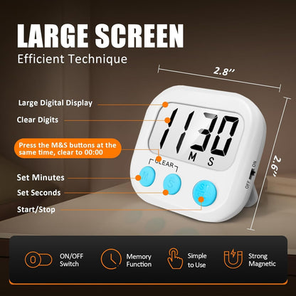 Digital Kitchen Timers for Cooking, Timer for Kids 2 Pack White | Big Digits, Loud Alarm, Strong Magnetic, Large Screen, Count Down/Up, Classroom Timers for Teacher Supplies4