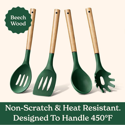 Non Stick Silicone Utensil Set with Rounded Wood Handles for Cooking and Baking, 8 Piece Set, Green5